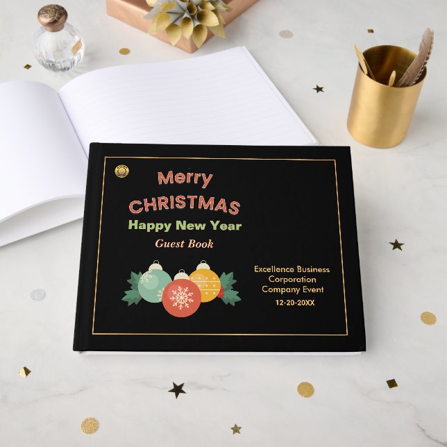 Merry Christmas New Year Business Logo Custom Gästebuch (Vorderseite Offen)