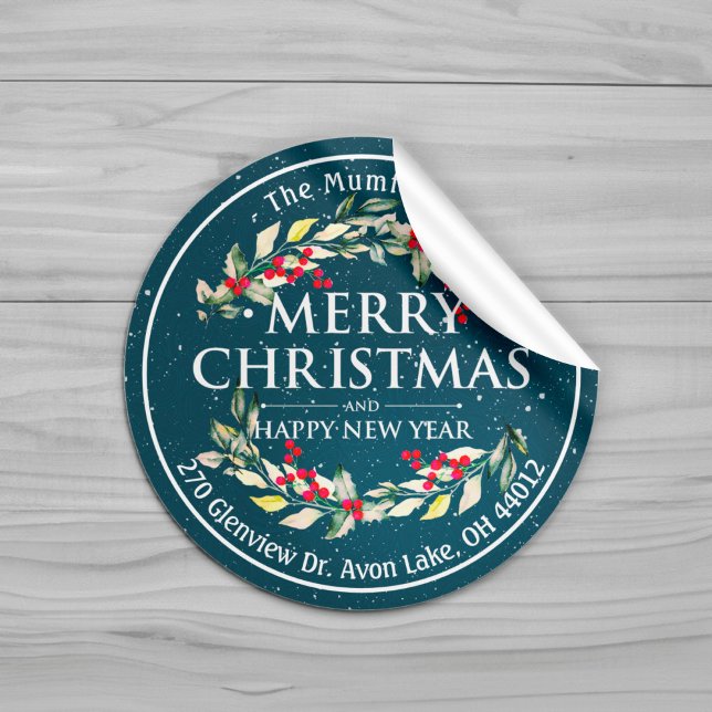 Merry Christmas New Year Floral Red Berry Address Runder Aufkleber (Von Creator hochgeladen)