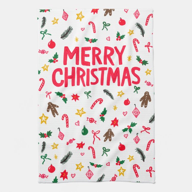 MERRY CHRISTMAS Niedlich Doodle Whimsical CUSTOM Geschirrtuch (Vertikal)