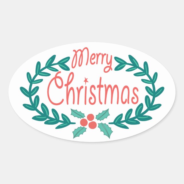 MERRY CHRISTMAS NIEDLICHER HAND GEZEICHNET HOLLY W OVALER AUFKLEBER (Vorderseite)