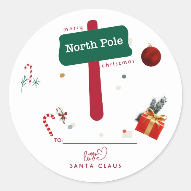 Merry Christmas North Pole Santa Claus  Runder Aufkleber (Vorderseite)