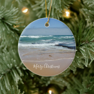 Merry Christmas Ocean Waves Round Ceramic Ornament