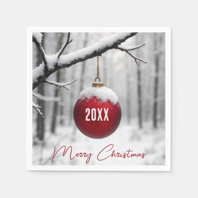 Merry Christmas Ornament On Snowy Branch Serviette (Vorderseite)