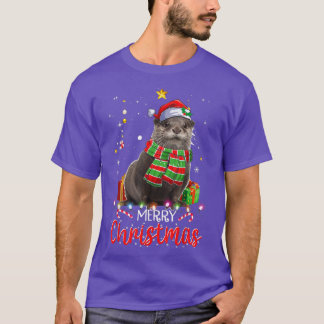 Merry Christmas Otter Santa Hat Tree Lights Pajama T-Shirt