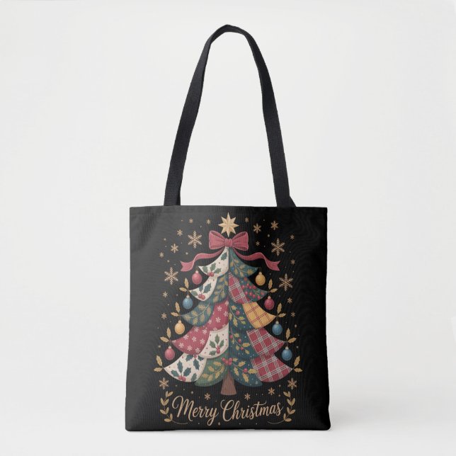 Merry Christmas Patchwork Christmas Tree Tasche (Vorderseite)