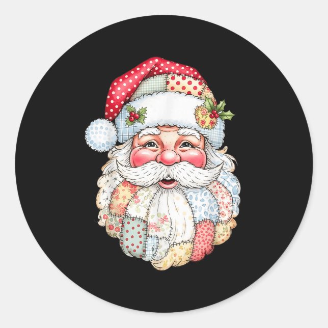 Merry Christmas Patchwork Santa Claus Face X-mas H Runder Aufkleber (Vorderseite)