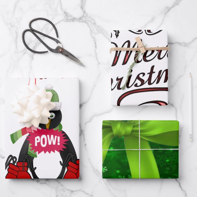 Merry Christmas Penguin Boxing Gloves Green Bow Geschenkpapier Set (Vorderseite)