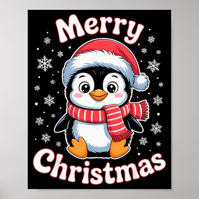 Merry Christmas Penguin Cute Santa Hat Snowflake H Poster (Vorne)