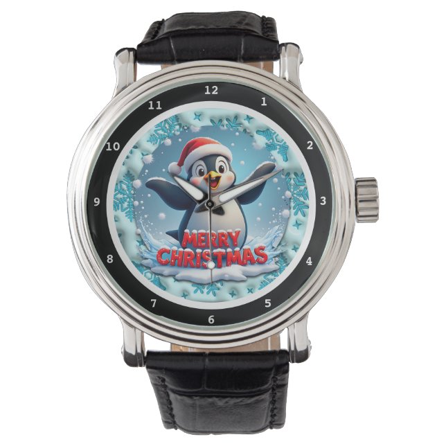 Merry Christmas Penguin with Santa Hat  Armbanduhr (Vorderseite)