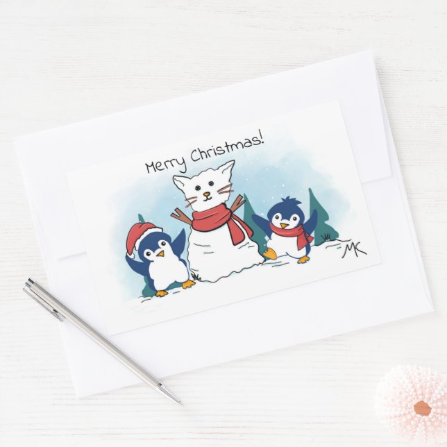 Merry Christmas Penguins building a Snow Cat Rechteckiger Aufkleber (Umschlag)