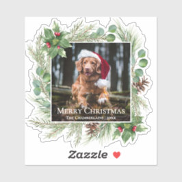 Merry Christmas Pet Photo Wreath Botanical Aufkleber
