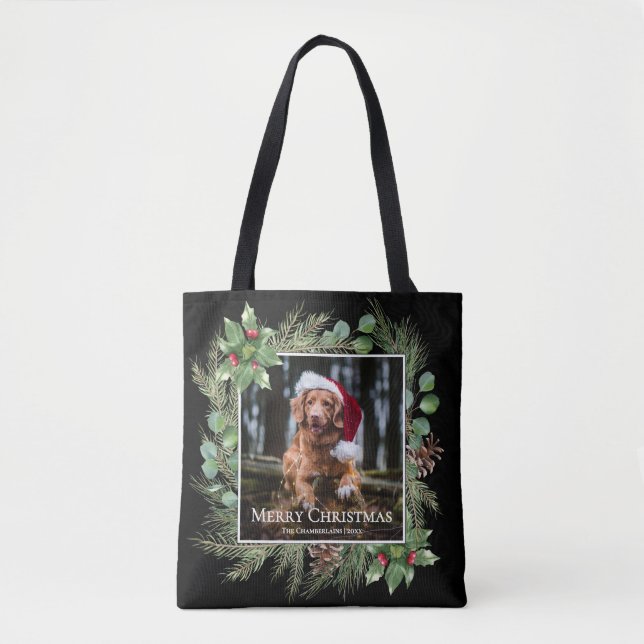 Merry Christmas Pet Photo Wreath Greenery  Tasche (Vorderseite)