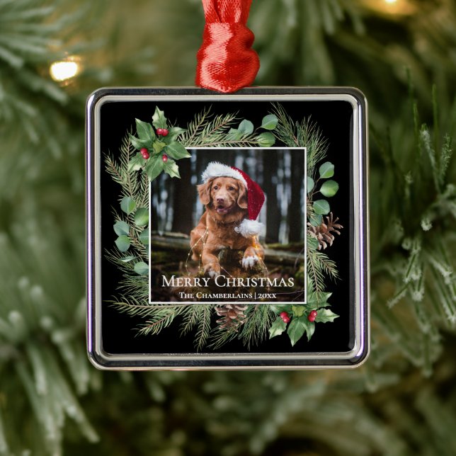 Merry Christmas Pet Photo Wreath  Ornament Aus Metall (Baum)