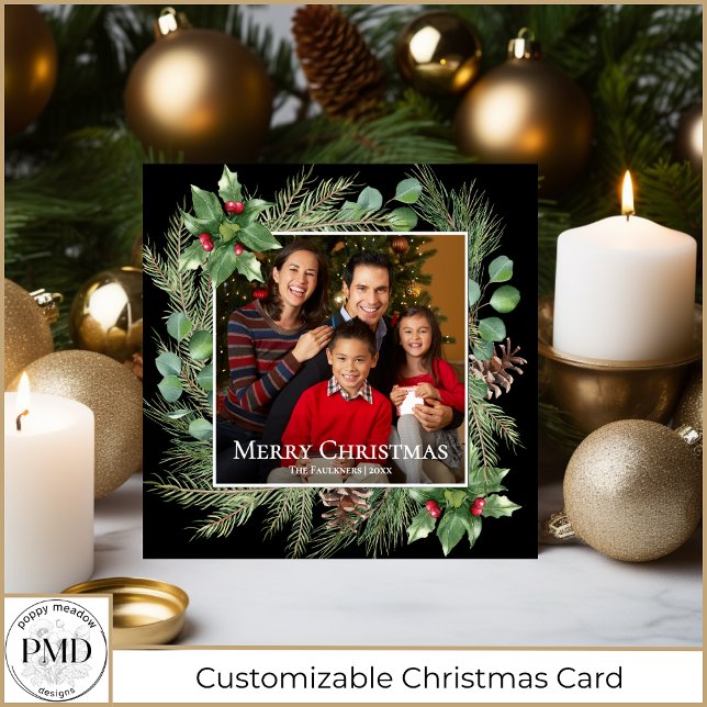 Merry Christmas Photo Wreath Botanical Square Card (Merry Christmas Family Photo Wreath Botanical Square Christmas Card with Optional Text on Back.)
