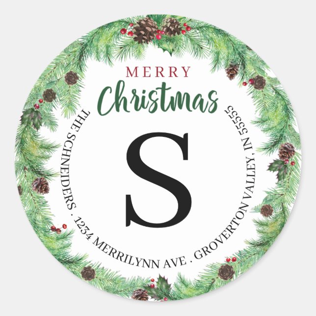 MERRY CHRISTMAS Pine Monogram Rücksendeadresse Runder Aufkleber (Vorderseite)