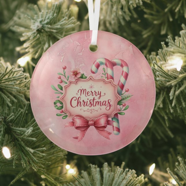 Merry Christmas Pink Candy Canes Holly Ornament Aus Glas (InSitu)