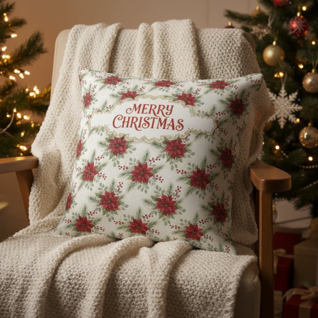 Merry Christmas Poinsettia Floral Holiday Pattern Kissen (Merry Christmas Poinsettia Floral Holiday Pattern Throw Pillow)