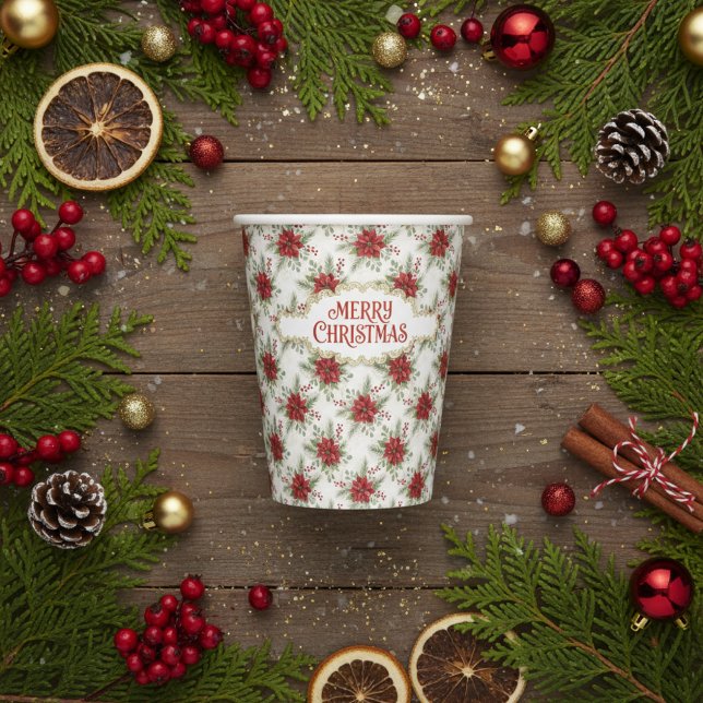 Merry Christmas Poinsettia Floral Holiday Pattern Pappbecher (Merry Christmas Poinsettia Paper Cup)
