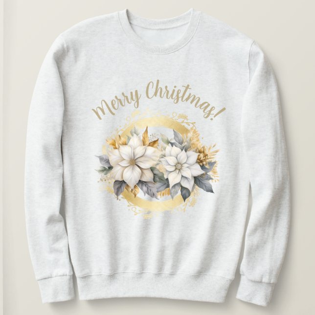 Merry Christmas Poinsettia White & Gold Sweatshirt (Design vorne)