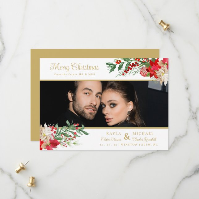 Merry Christmas Poinsettias Garland Photo Wedding Save The Date (Vorderseite/Rückseite Beispiel)
