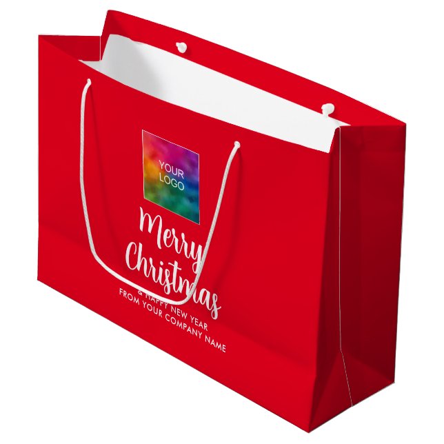 Merry Christmas Promotions-Firmenlogo Große Geschenktüte (Vorderseite Schrägansicht)