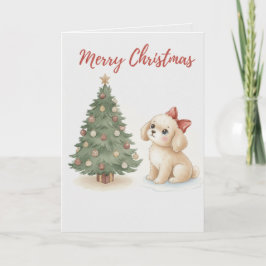 Merry Christmas Puppy Card Fluffy Dog with Tree Karte