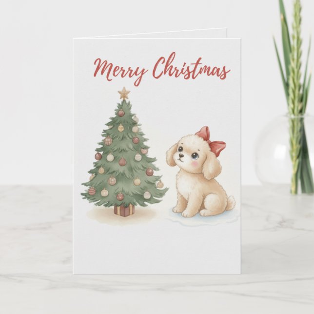 Merry Christmas Puppy Card Fluffy Dog with Tree Karte (Vorderseite)