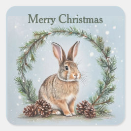 Merry Christmas Rabbit and Pine Quadratischer Aufkleber
