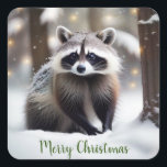 Merry Christmas Raccoon Quadratischer Aufkleber<br><div class="desc">Diese Aufkleber verfügen über einen niedlichen Waschbär in einem magischen Wald. Der Text kann geändert oder entfernt werden,  um Ihren Bedürfnissen Anzug zu geben.</div>