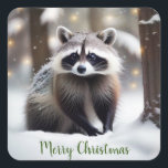 Merry Christmas Raccoon Quadratischer Aufkleber<br><div class="desc">Diese Aufkleber verfügen über einen niedlichen Waschbär in einem magischen Wald. Der Text kann geändert oder entfernt werden,  um Ihren Bedürfnissen Anzug zu geben.</div>
