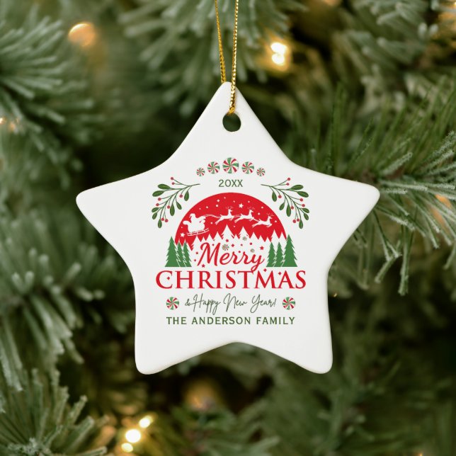 Merry Christmas Red and Green Candy Cane Custom Keramik Ornament (Baum)