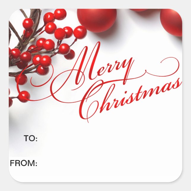 Merry Christmas Red Berries & Ornaments Quadratischer Aufkleber (Vorderseite)