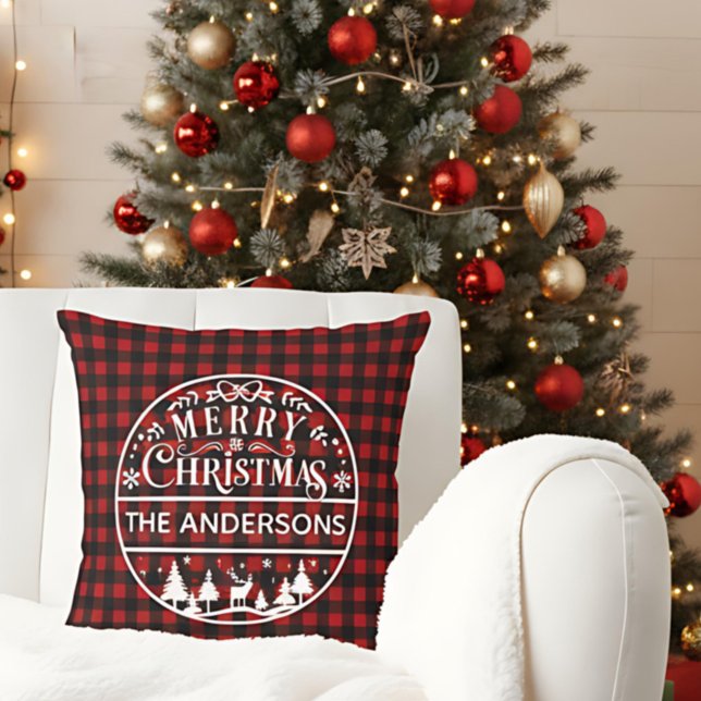 Merry Christmas Red & Black Plaid Custom Name Kissen (Von Creator hochgeladen)