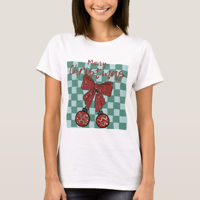 Merry Christmas Red Bow Ornaments Design T-Shirt (Vorderseite)
