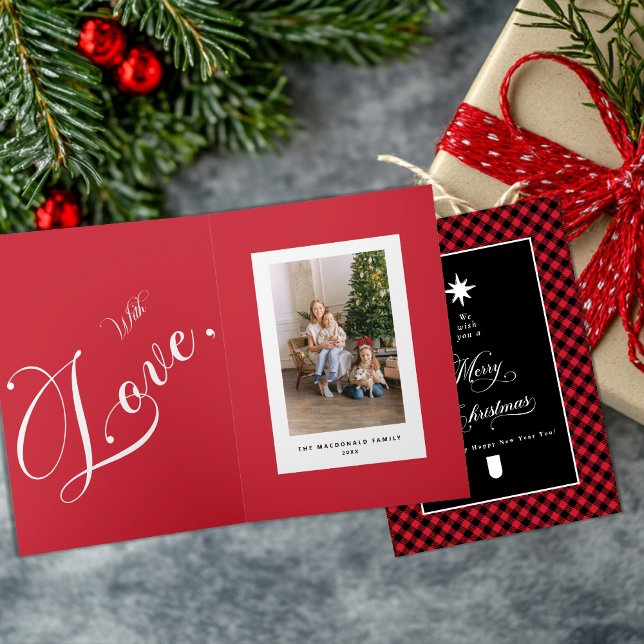 Merry Christmas Red Buffalo Plaid Folded Photo Karte (Von Creator hochgeladen)