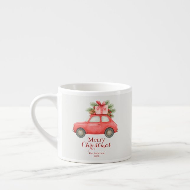 Merry Christmas Red Car – Personalized Holiday  Espressotasse (Links)