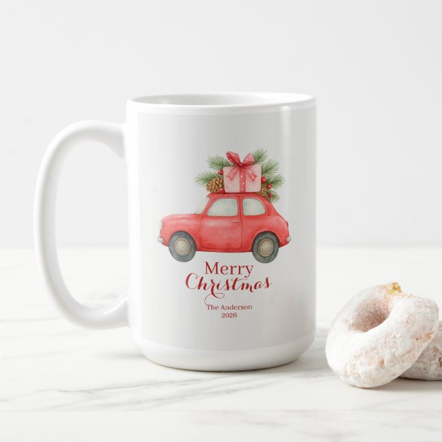 Merry Christmas Red Car – Personalized Holiday  Kaffeetasse (Mit Donut)