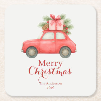 Merry Christmas Red Car – Personalized Holiday  Rechteckiger Pappuntersetzer