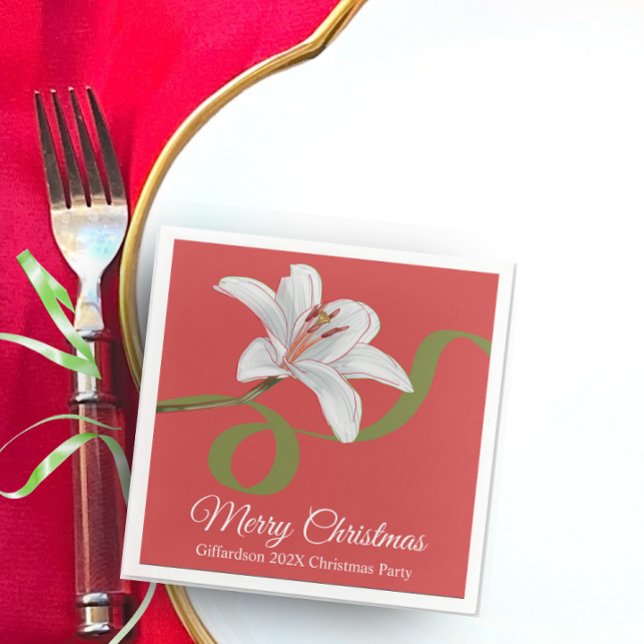 Merry Christmas Red Floral Name Cocktail Napkin Serviette (Merry Christmas personalized name red white flower floral elegant cocktail drink party napkin)