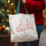 Merry Christmas Red Green Personalized Reindeer Tragetasche<br><div class="desc">Embrace the joy of the season with this personalizable Merry Christmas tote bag! This delightful gift for family and friends comes with the option to add a custom name, making it an extra special gesture. The tote bag features an elegant script that spells out "Merry Christmas, " adorned with sparkling...</div>