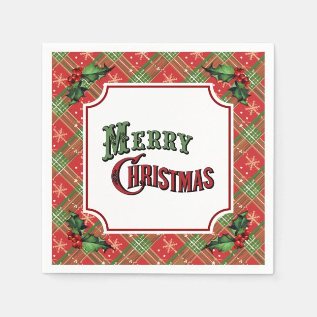 Merry Christmas Red Plaid with Holly Serviette (Vorderseite)