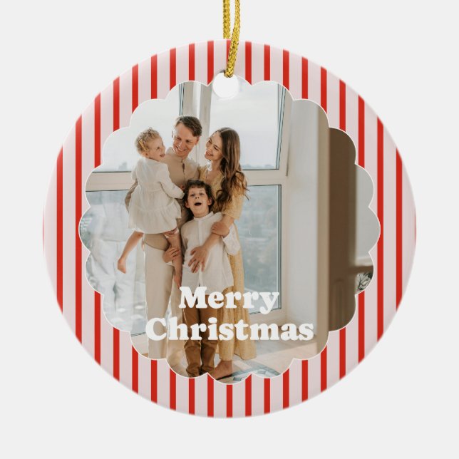 Merry Christmas Red Striped Retro 2 Photo Ornament (Vorne)