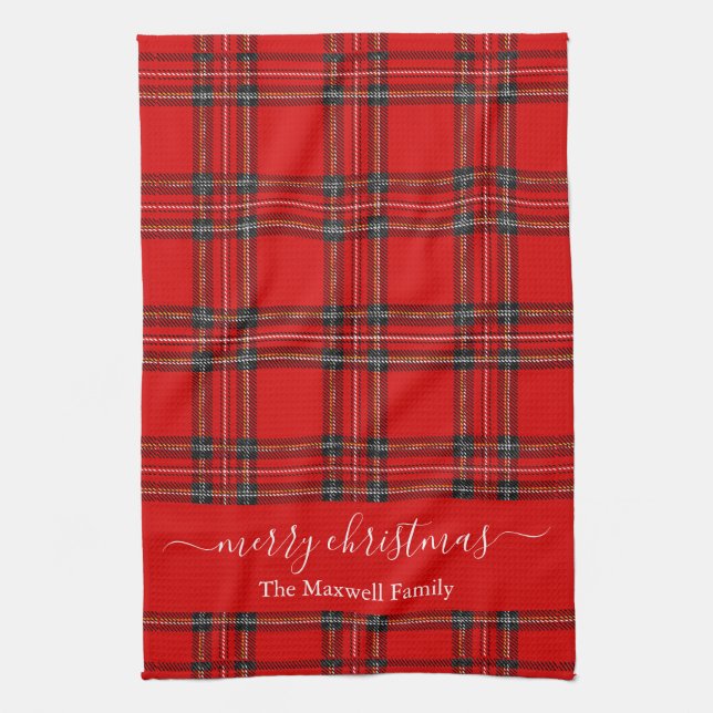 Merry Christmas red tartan plaid script name Geschirrtuch (Vertikal)