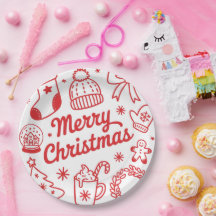 Merry Christmas Red & White Holiday Paper Plate