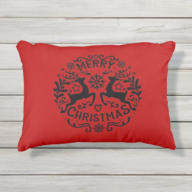 Merry Christmas Reindeer, Red Black Kissen Für Draußen (Vorderseite)