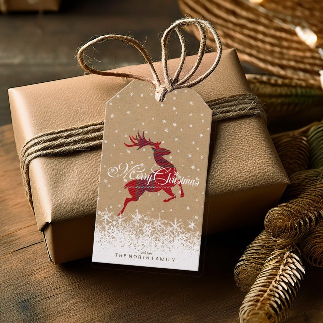 Merry Christmas Reindeer Tartan Red/Kraft ID590 Geschenkanhänger (Von Creator hochgeladen)