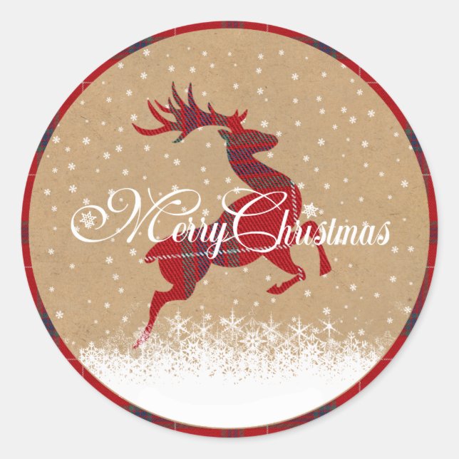Merry Christmas Reindeer Tartan Red/Kraft ID590 Runder Aufkleber (Vorderseite)
