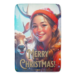 MERRY CHRISTMAS REINDEIN MIT GLÜCKLICHEM MÄDCHEN BADEMATTE