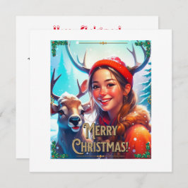 MERRY CHRISTMAS REINDEIN MIT GLÜCKLICHEM MÄDCHEN EINLADUNG