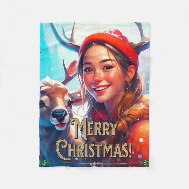 MERRY CHRISTMAS REINDEIN MIT GLÜCKLICHEM MÄDCHEN FLEECEDECKE (Vorderseite)